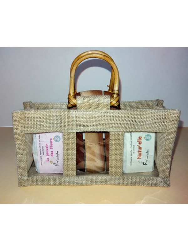 2 savons + porte savon Acajou dans un panier jute et bambou